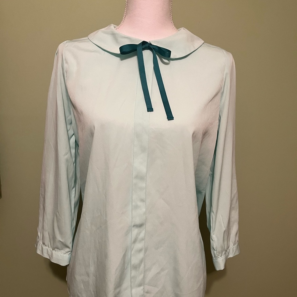 Pin-up Couture Green Blouse with Ribbon Tie Accent - Size M